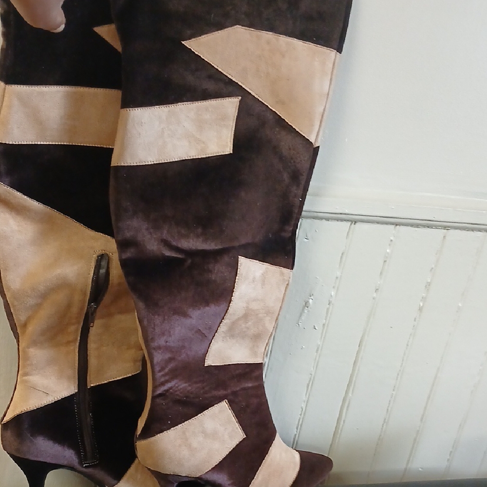 Brown and Tan Over the Knee Boots with Geometric Suede Design
